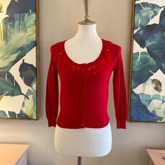 Candies Cardigan Red Flower Sweater Extra Small XS - Picture 2 of 4